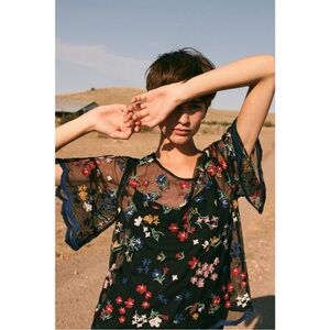 Maeve Anthropologie Women Black Floral Embroidered Mesh Sheer Top Small